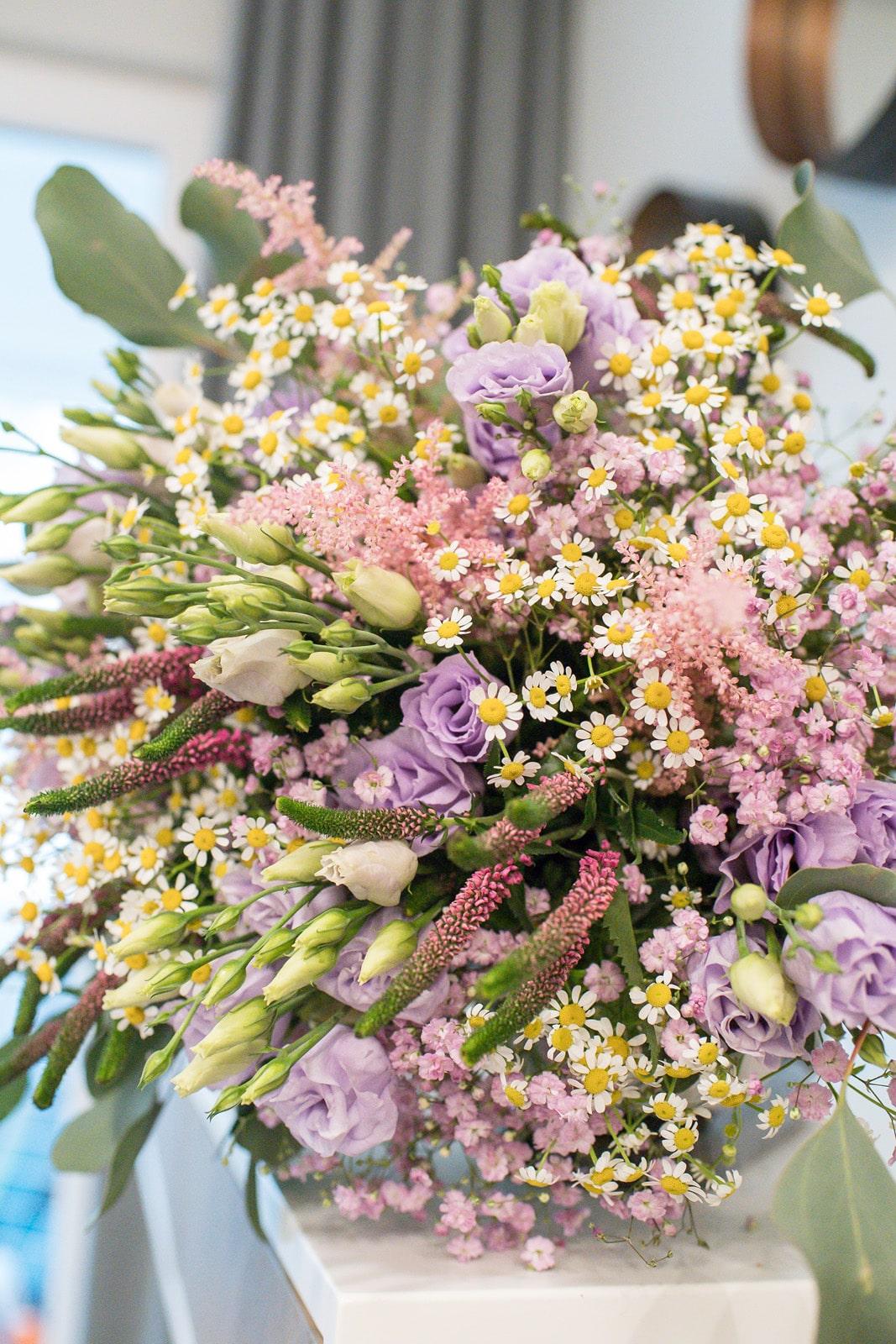 Lilac Lisianthus & Chamomile Bouquet with Belgian Chocolates