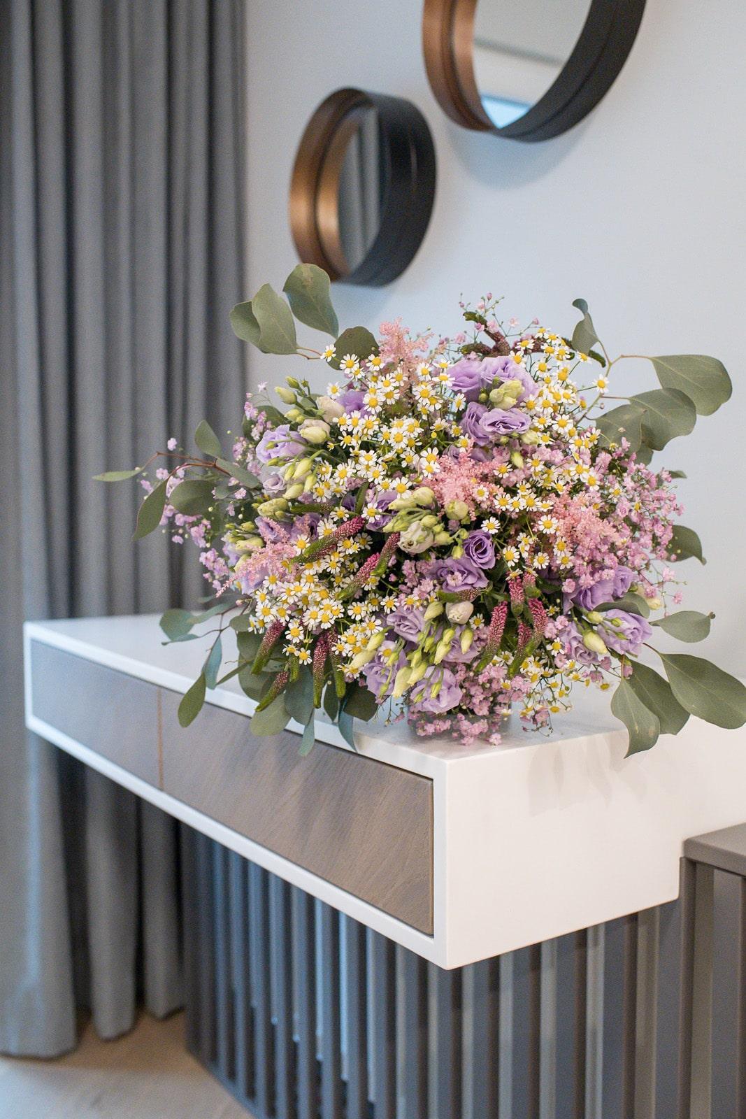 Lilac Lisianthus & Chamomile Bouquet with Belgian Chocolates