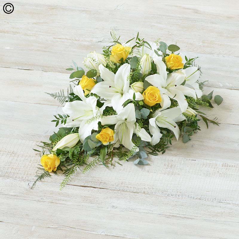 Classic White Lily & Yellow Rose Teardrop Spray